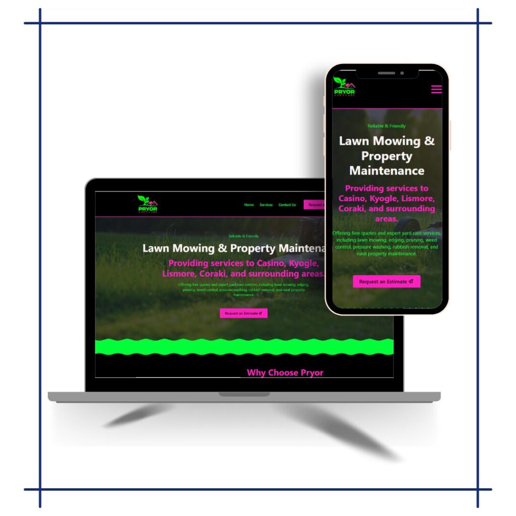 Responsive design mockup showing the Pryor Lawn Care website on a laptop and mobile phone.
