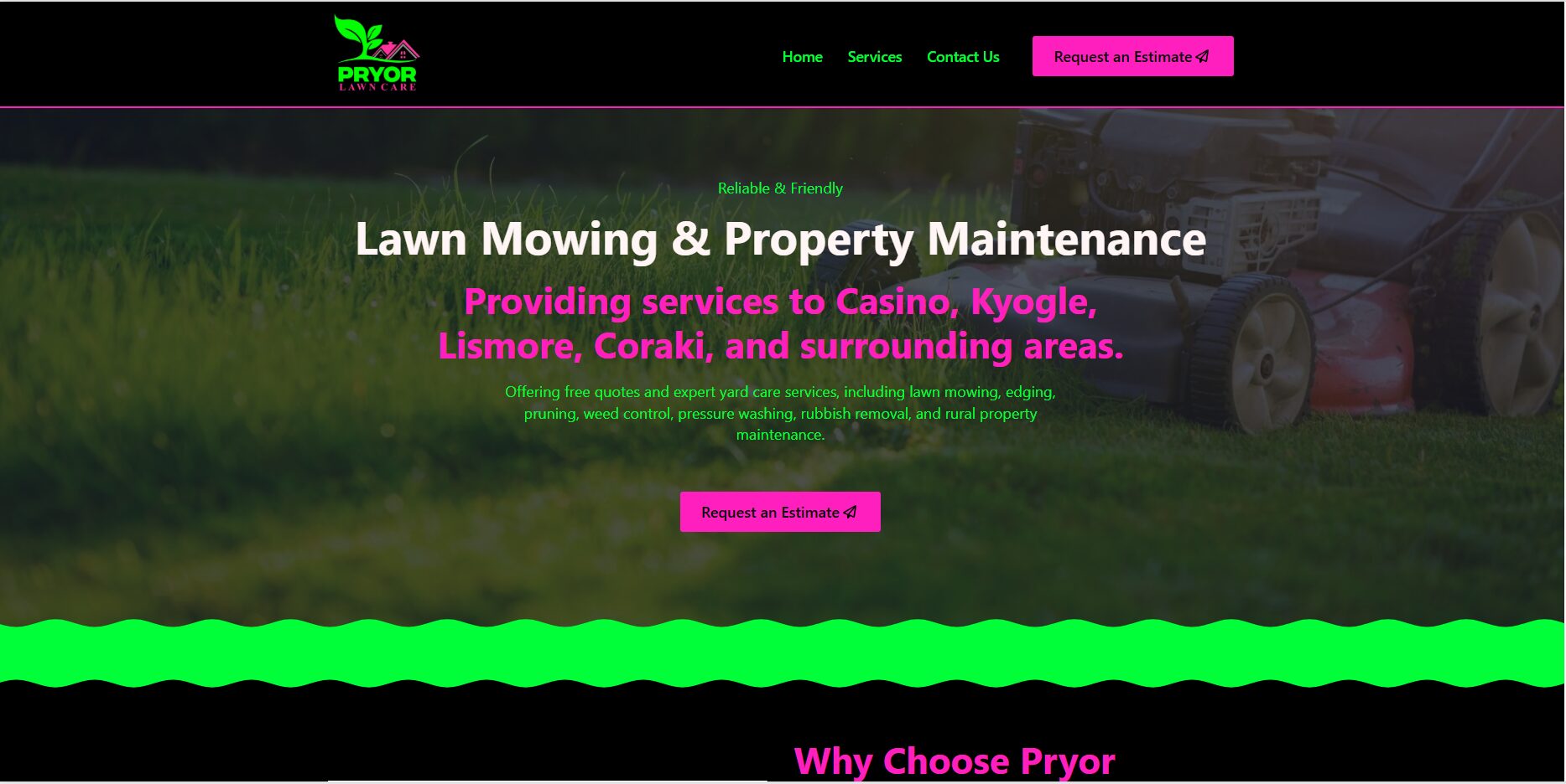 Homepage hero section of the Pryor Lawn Care website showing a lawn mower on grass with the headline ‘Lawn Mowing & Property Maintenance’ and a Request an Estimate button.