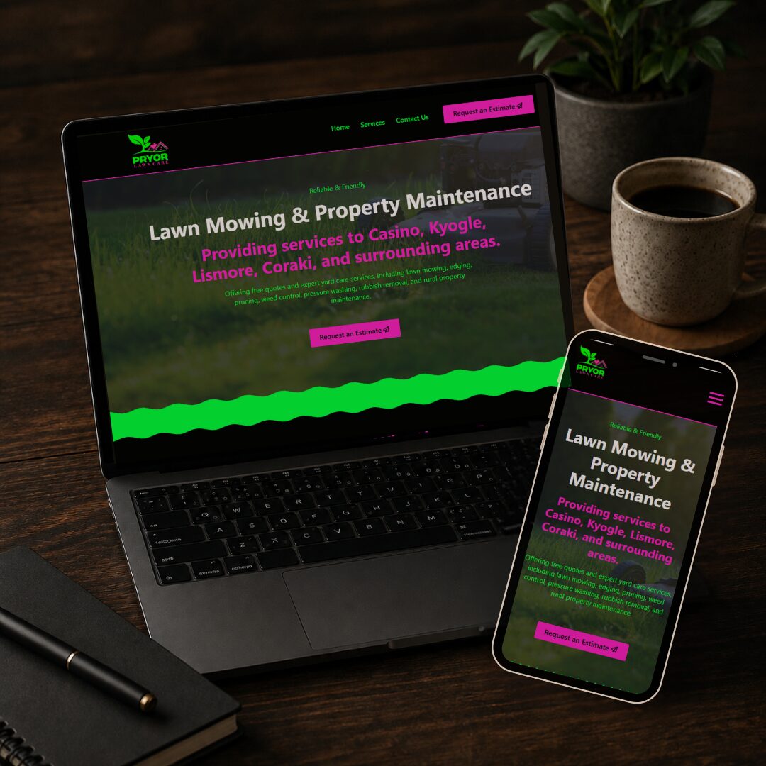 Pryor Lawn Care website displayed on laptop and mobile, showcasing a starter website design for a lawn mowing and property maintenance business in Casino NSW.